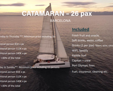 Alquiler catamarán para eventos para grupos hasta 26 personas en Barcelona- Port Olimpic